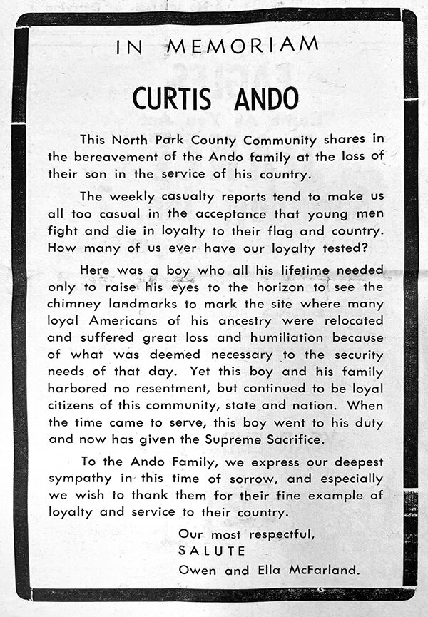 Two letters to the editor ran soon after Curt Ando died in Vietnam. Ando, a Powell grad, was the town’s first casualty. Both praised Ando’s character. This letter from Owen and Ella McFarland highlighted Ando’s sense of duty and loyalty and expressed condolences to his family.