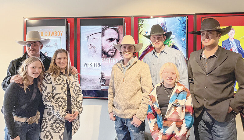Duncan Vezain (left) stands with family and friends at the Yellowstone Film Festival ahead of viewing ‘Eastern Western,’ a movie about Eastern European immigrants migrating to the American West. From left, Duncan Vezain, Anna Vezain, Bonnie Vezain, Shawn Perkins, J.D. Ham, Olivia Vezain and Caleb Zeiler.