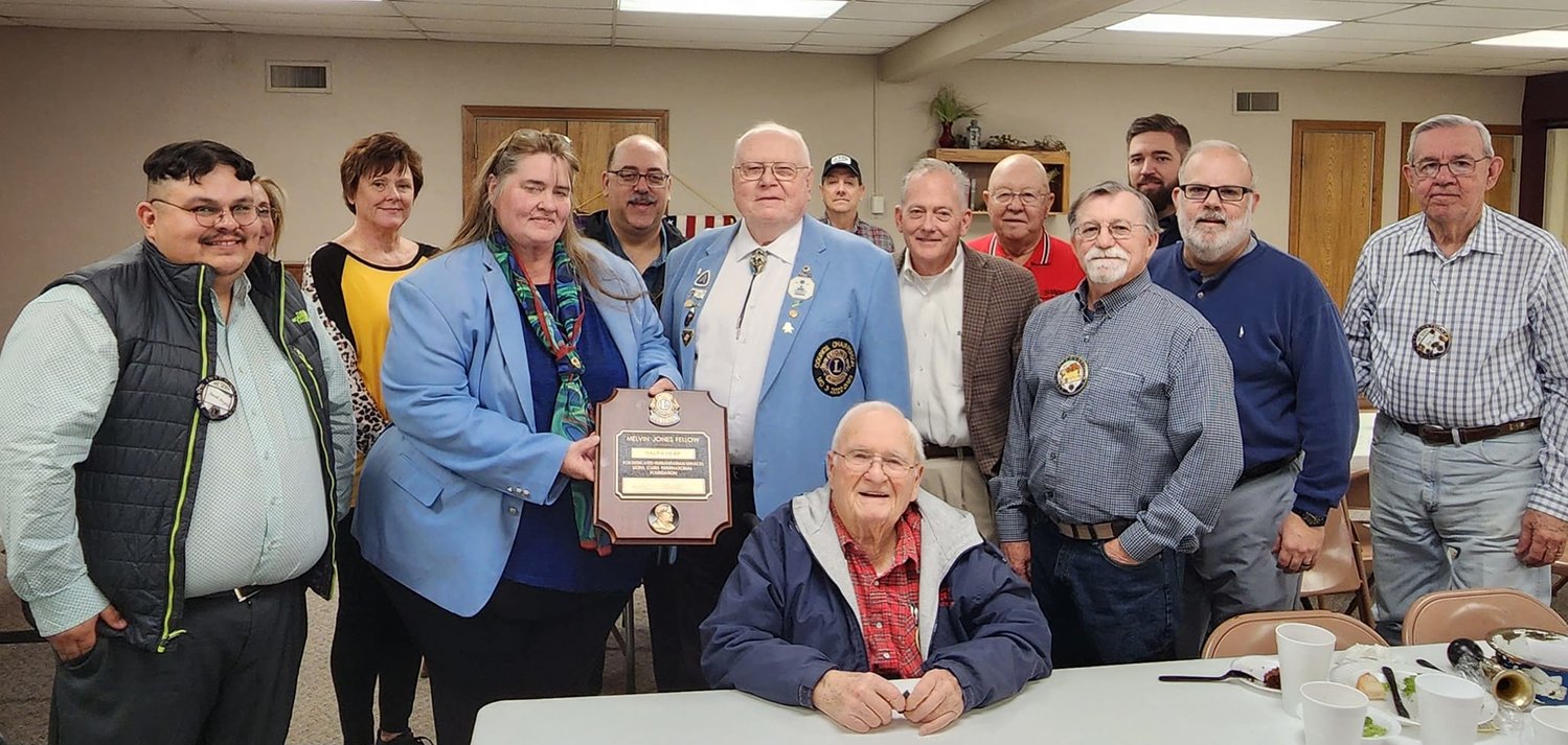 Ralph Heap was recently awarded the Melvin Jones Lions Club International Foundation Award. Heap has 68 years of Lionism and is still going strong. Heap is seated in front. Pictured behind Heap from left are President Jacob Allen Noyola, Laura Johnson Spinks Yeager,  Cathy Drechsler Logsdon, District 3SW Governor Verdana Stephens, Shannon Vanderburg, Council Chair Multi-District Ed Barry, Gary Sanders, Brent Morey, Pat McAlister, Doug Hayes, Clay Hart, Vinson N. Orr, and Joe Orr.