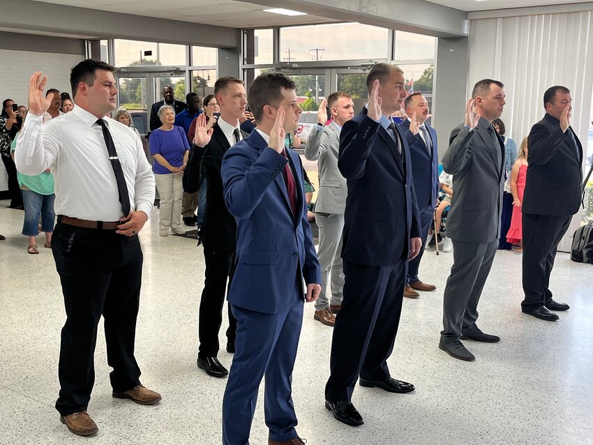 Eight new officers are sworn in at Jackson Police headquarters in Downtown Jackson on June 3, 2024.