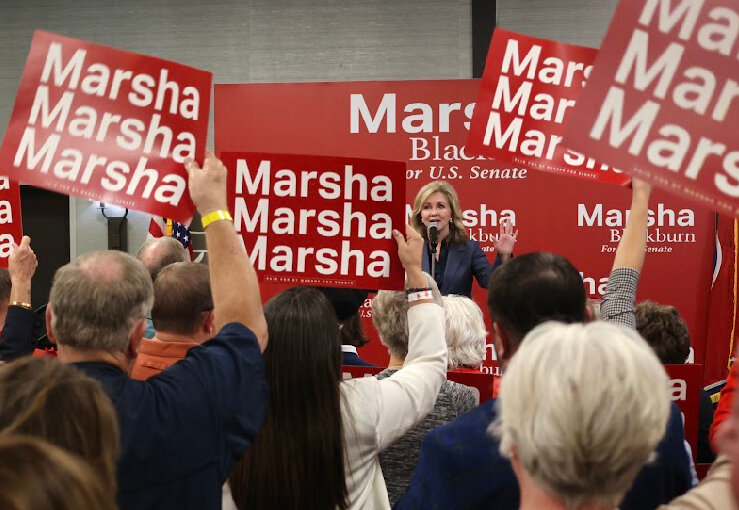 Tennessee Senator Marsha Blackburn speaks at a private campaign event at the DoubleTree Hotel in Jackson on Oct. 10, 2024.