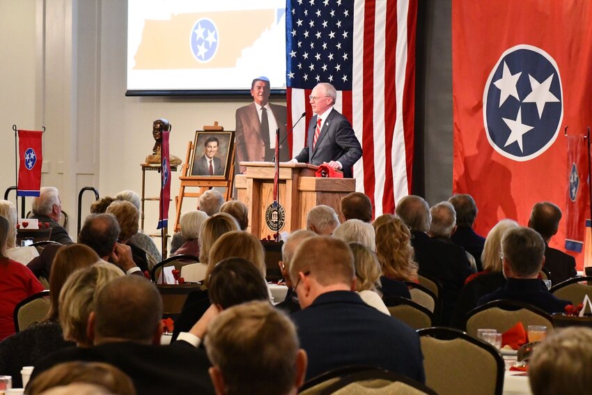 John Rose speaks at the Madison County Republican Party's Reagan Day dinner in Jackson on Feb. 13, 2025.