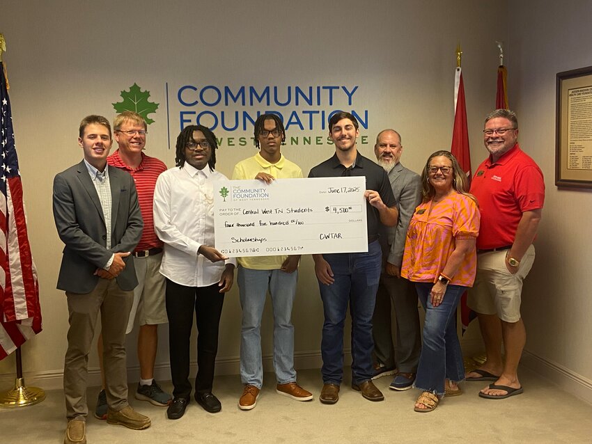 Four of the nine graduates who received scholarship money from the Central West Tennessee Association of Realtors were present for an award ceremony at the Community Foundation office in Jackson on Tuesday, June 17. Siler Criswell, Landon Cole, Devin Witherspoon and Gabriel Singleton were on hand for the award from CWTRA board members Tony Neihoff, board president Brent Ward, Christy Fullington and Chris Miller.