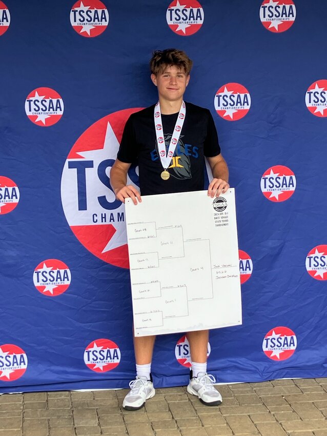 Jack Veazey, who just finished his sophomore season at Jackson Christian, celebrates after having won the Division II-A state championship in boys’ singles tennis.
