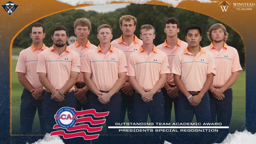 OUTSTANDING TEAM ACADEMIC-UTM was 1 of 59 to earn the award. As a team, nine UT Martin golfers combined for a 3.55 team GPA in 2023-24. Thise pictured with the highest GPA’s are: Jonathan Xoinis, Dax Isbell, Jacob Uehlein, Ethan Ray and Jackson Twerdahl.