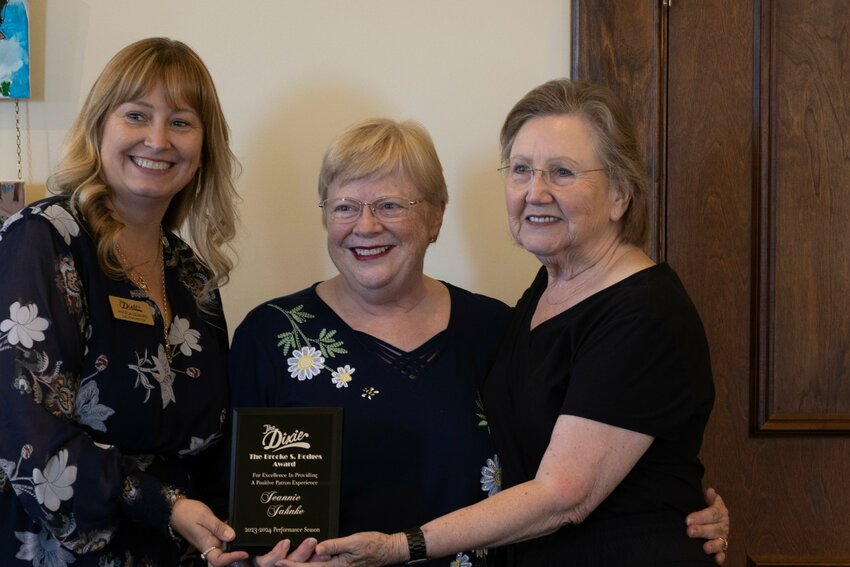 AWARD FOR EXCELLENCE - Jeannie Jahnke is named the 2024 recipient of The Brooke S. Hodges Award for Excellence in Providing a Positive Patron Experience (L-R: The Dixie's Executive Director Angela DeMaris, Jeannie Jahnke, Brooke Hodges)