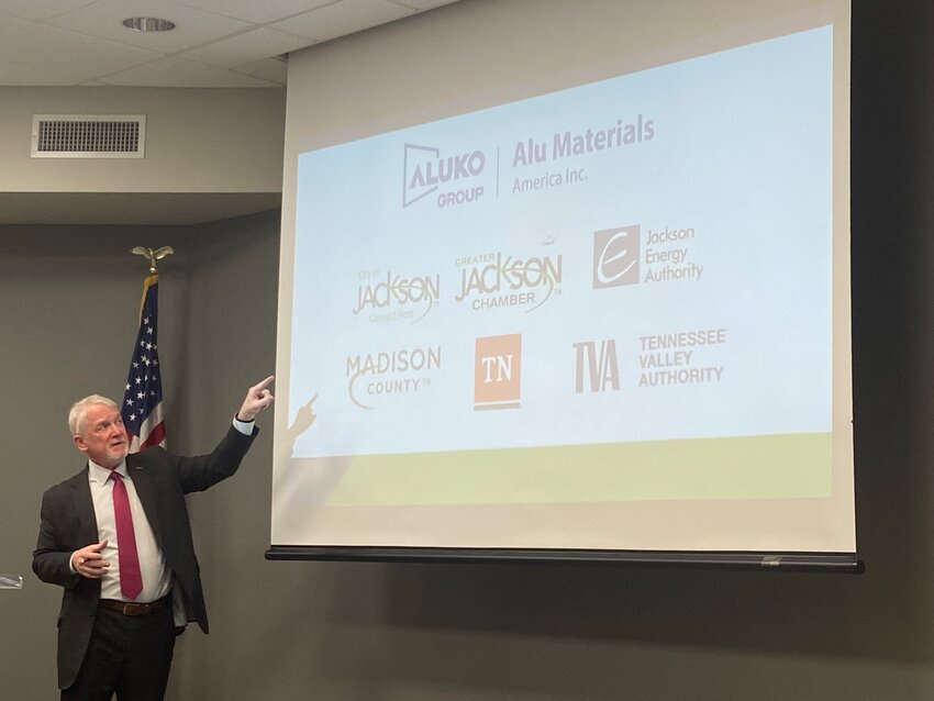 Greater Jackson Chamber President Kyle Spurgeon points to the screen as he explains how Team Madison County works and how they were a part of bringing Aluko to Jackson.