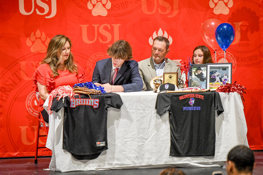 Logan Foster signs his letter of intent to play baseball at Volunteer State during a signing ceremony at University School of Jackson on April 23.