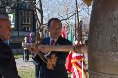 U.N. Secretary-General Ban Ki-moon rings Lehman college&rsquo;s Peace Bell ahead of a March 17 speech.
