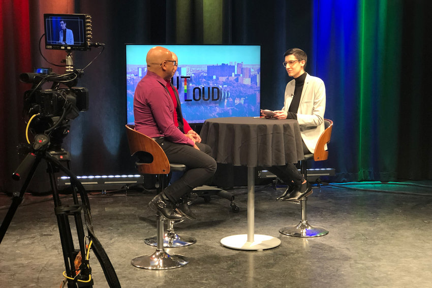 Anthony Parker, right, host of the monthly LGBTQ television show &lsquo;Out Loud,&rsquo; interviews Arthur Aviles and Charles Rice-Gonzalez, left, of the Bronx Academy of Arts and Dance for his first episode on BronxNet.