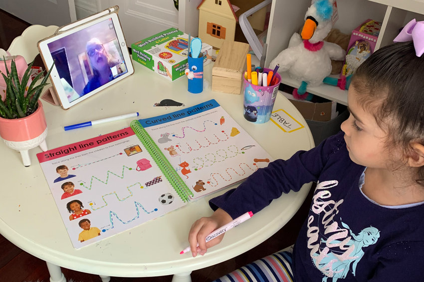 Riverdale Presbyterian Church Nursery School student Amaris works on patterns during a virtual class at home. The school, like many others, shifted to an online learning model as a consequence of the coronavirus pandemic.