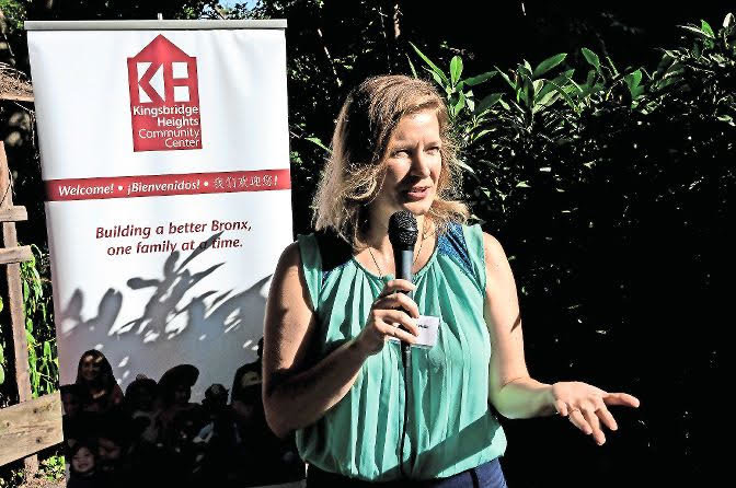 Margaret Della, executive director of the Kingsbridge Heights Community Center, speaks at the opening of the center&rsquo;s new park and garden space in 2017. The center is celebrating its 45th anniversary this year.