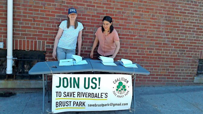 The Coalition to Save Brust Park formed last year to fight the planned construction of a new residential tower next to Brust Park near Manhattan College. Coalition members collected signatures in the neighborhood to show opposition to the new building.