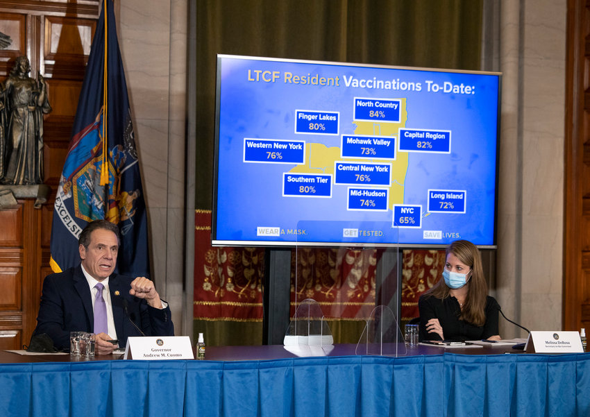 Gov. Andrew Cuomo and one of his top executives, Melissa DeRosa, right, are under fire from state lawmakers and even some prosecutors over how nursing home deaths related to the coronavirus pandemic were reported last year.