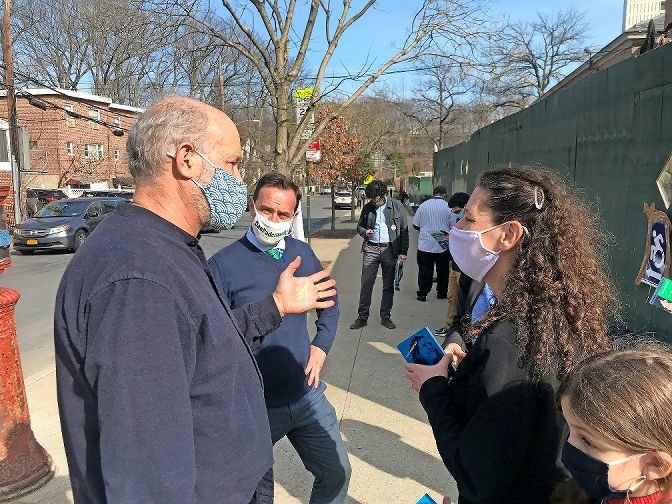 Jessica Haller and Dan Padernacht talk to an early voter outside of P.S. 81 Robert J. Christen on Tuesday afternoon in an election where fewer than 10 percent of eligible voters showed up. Haller and Padernacht both finished behind Eric Dinowitz and Mino Lora in the first round of tabulation in the ranked-choice special election to see who will fill Andrew Cohen&rsquo;s final year on the city council.