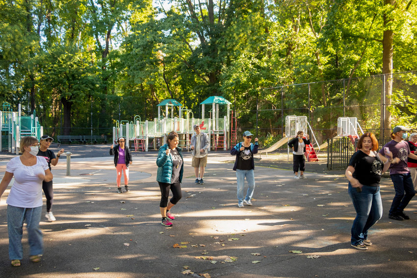 Daniela Del Giorno leads one of Silver Shoes Dance Club&rsquo;s free classes at Van Cortlandt Park&rsquo;s Classic Playground, across the street from the Amalgamated Houses. Del Girono founded Silver Shoes to help those over 55 to stay physically healthy and mentally sharp as they age.