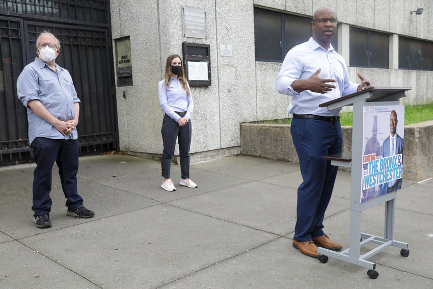U.S. Rep. Jamaal Bowman is ready to welcome state Sen. Alessandra Biaggi &mdash; standing  behind him during a 2020 news conference in front of the Spuyten Duyvil Library &mdash; as a member of Congress. But first, she'll have to navigate a crowded primary of candidates looking to succeed incumbent Tom Suozzi.