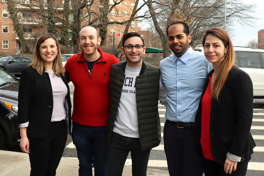 A slate of &lsquo;emerging&rsquo; candidates are challenging the Democratic Party establishment in down-ticket races in this part of the Bronx, part of a larger movement that includes Christian Amato, center, who is running for the state senate seat currently held by his former boss, Alessandra Biaggi. This alternative slate includes, from left, Morgan Evers, Aaron Stayman, Ramdat Singh and Abigail Martin.