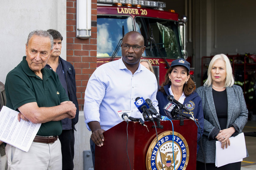 Congressman Jamaal Bowman, center, joined Gov. Kathy Hochul joins Senate Majority Leader Chuck Schumer, Senator Kirsten Gillibrand to provide an update on storm recovery efforts following Tropical Depression Ida. Last week, he unveiled a bill with New Jersey Congressman Bill Pascrell to make billionaires pay more in taxes.