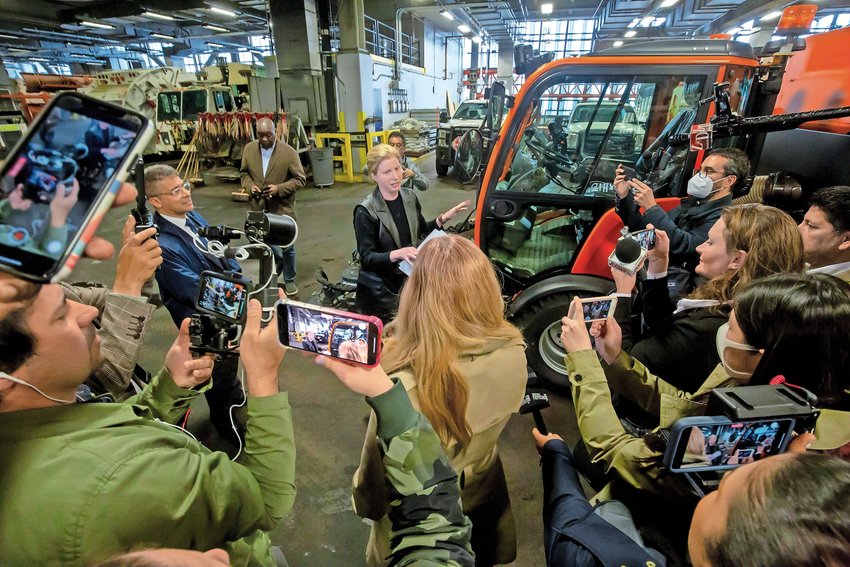 New York City sanitation commissioner Jessica S. Tisch shows off new street sweeper equipment, part of an $11 million investment to clean streets.