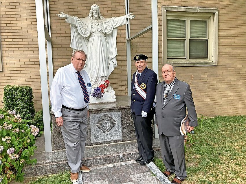 Pat O&rsquo;Brian, left, deputy grand knight of the Knights of Columbus, is joined by Grand Knight Brian Fogarty and Chancellor Bob Stauf as they prepare for the Aug. 13 votive Mass celebration at St. Margaret of Cortona Church celebrated by the Rev. Father Sandro Leyton.