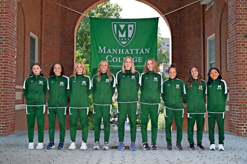 Rory Graham of Manhattan College, shown center with her teammates, has built a successful career in running for the Jaspers. However, an injury requiring surgery cut her cross-country career short.