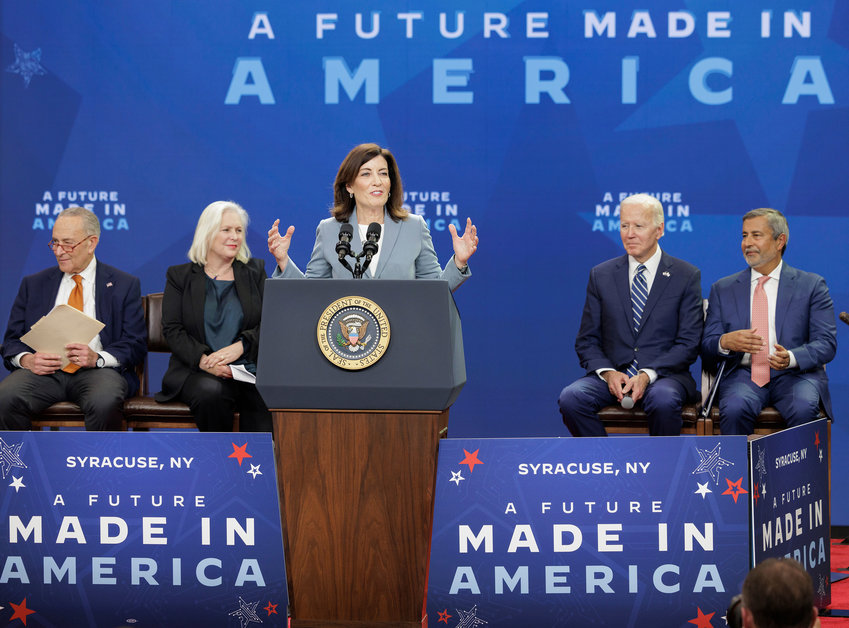 Gov. Kathy Hochul joins President Joe Biden last month to highlight Micron&rsquo;s plan to invest in chips manufacturing in upstate New York. Biden then stumped for Hochul in the days leading up to the election.