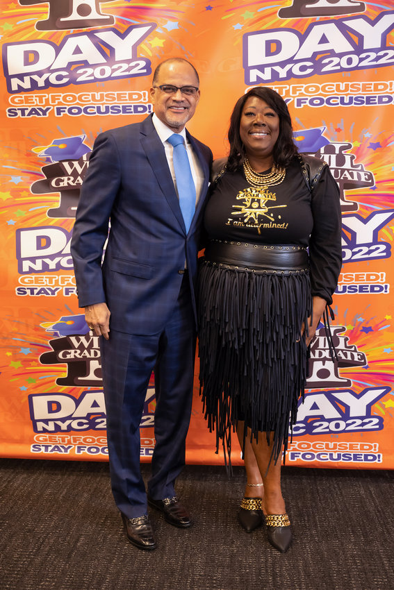 Tonya Lewis Taylor, I Will Graduate co-founder and director, and David C. Banks ,Chancellor of the NYC  Department of Education, pose for a portrait at the Barclays Center.