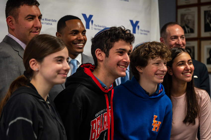 Councilman Eric Dinowitz, left, U.S. Rep. Ritchie Torres and Scott Richman, the regional director of the Anti-Defamation League, spoke at a press conference addressing anti-Semitism on Monday. It included Salanter Akiba Riverdale Academy students, Erin Burian, Jesse Minkove, Ori Mendel and Shaya Schilh.