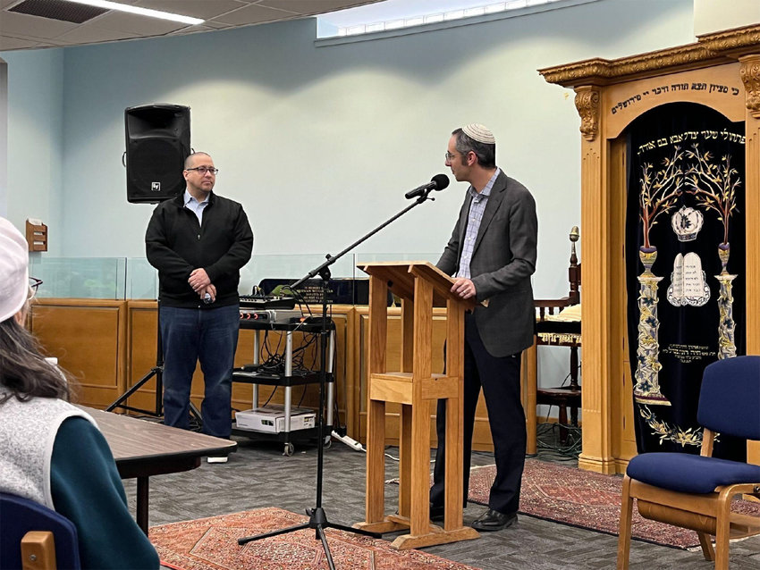 Rabbi Steven Exler of the Hebrew Institute of Riverdale - The Bayit, introduces state Sen. Gustavo Rivera Sunday during the legislator&rsquo;s regular meet and greet.