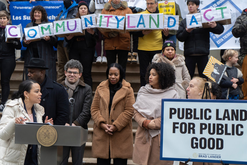 Council Member Pierina Sanchez speaks at a rally just before a package of housing legislation was introduced to city council&rsquo;s committee on housing and buildings Feb. 23.
