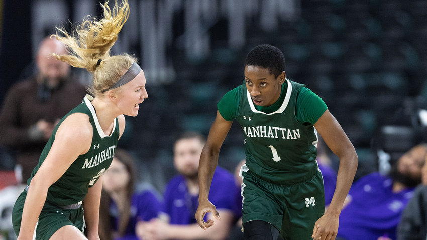 Freshman Anne Bair, left, and Dee Dee Davis formed Manhattan&rsquo;s dynamic backcourt this season. Davis poured in 15 points to lead Manhattan past Quinnipiac 50-43 in the quarterfinals round. The guard from Bronx averaged 16.1 points, 7.9 rebounds, 3 assists and 2.4 steals to lead the Jaspers.