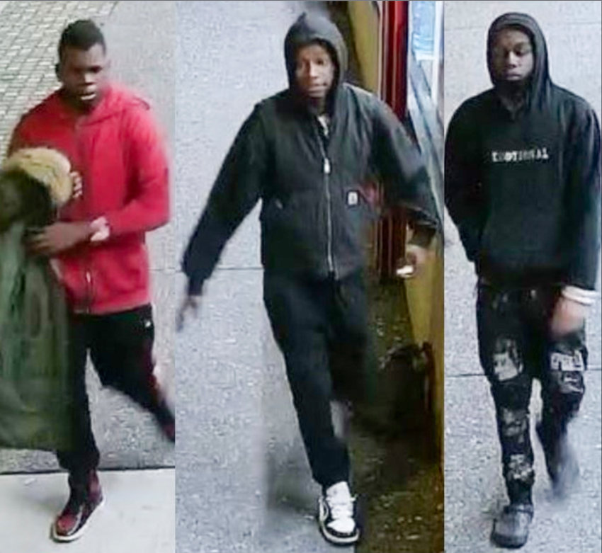 The 50th Precinct seeks the public&rsquo;s help in identifying the three people in this photo who are alleged to have been involved in placing a metal object on a woman&rsquo;s head and putting her on the ground before removing her coat and purse. Call (800) 577-TIPS with information. There is a reward of up to $3,500.