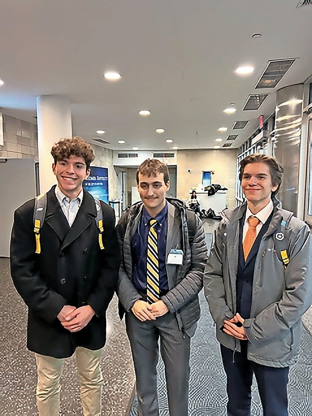 Emmanouel Sofillas, at left, along witb David Mastievich, and Storm Garcia after returning from the Columbia University Model UN conference where they represented Riverdale/Kingsbridge Academy.
