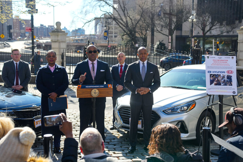 Office Mayor Eric Adams and New York City Police Department Commissioner Keechant Sewell make a public safety-related announcement concerning car theft and social media outside City Hall on March 30.