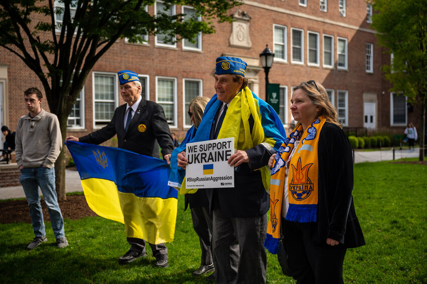 Ukrainian-American veterans stand with Ukrainian pride wearing the country&rsquo;s colors at the Manhattan College campus on Monday, May 1, to help spread the message of peace after over 400 days since Russia's invasion of Ukraine.