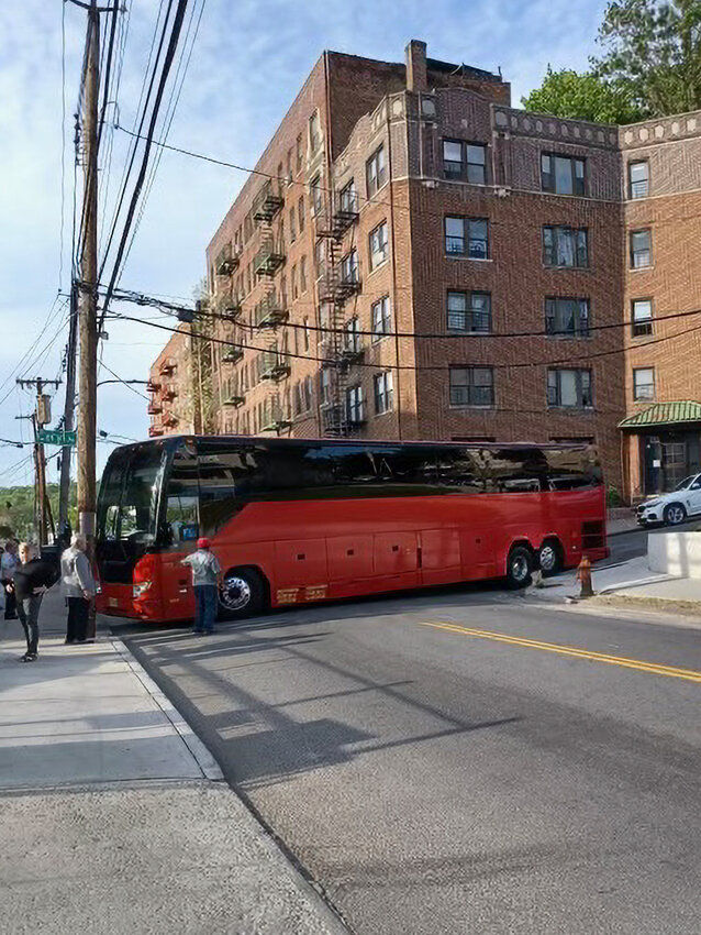 A charter bus carrying 37 senior citizens to Riverdale was stuck at the corner of Caryl Avenue and Van Cortlandt Park Avenue in Yonkers on May 16.
