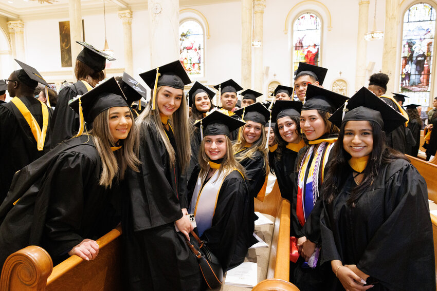 Graduates of the College of Mount Saint Vincent celebrate the school&rsquo;s 111th commencement indoors as it rained. The celebration took place during commencement weekend May 18-20.