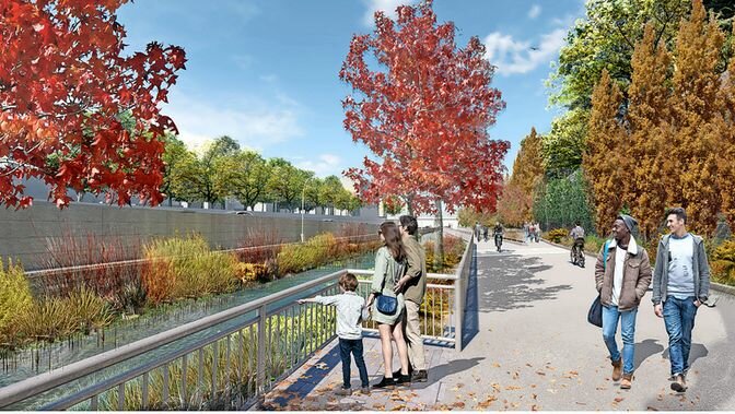 A rendering of what a raised Tibbetts Brook would look like along the Major Deegan Expressway once it is completed in 2025. The design of the project was approved by a city agency last week.