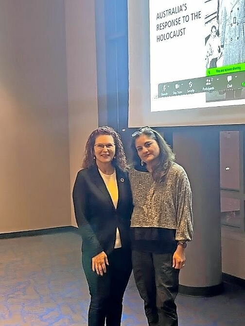 Suzanne Hampel, co-president of the Melbourne Holocaust Museum in Australia and a daughter of a survivor, left, and Mehnaz Afridi, director of the Holocaust, Genocide and Interfaith Education Center at Manhattan College, at Hampel&rsquo;s lecture on Jews in Australia.
