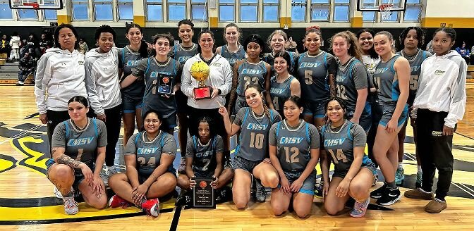Members of the College of Mount St. Vincent women&rsquo;s basketball team proudly show off the first-place trophy they won during Thanksgiving break during the Dr. Betty Shabazz Tournament hosted by Medgar Evers College.