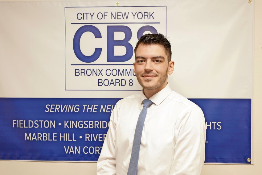 Ardhmir &lsquo;Ardy&rsquo; Malziu, shown in the Community Board 8 office on Dec. 11, is the new community coordinator. The native Bronx resident worked alongside CB8 District Manager Farrah Rubin as a community outreach coordinator for former Assemblyman Mark Gjonaj. Before being hired at the board Malziu was a coordinator for corporate and community relations at New York Yankees.