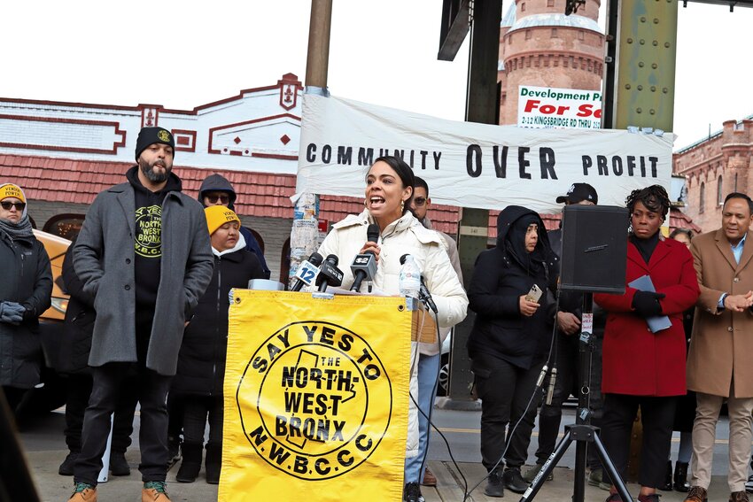 Councilwoman Pierina Sanchez at a rally on Dec. 7, defending the rights of the 12 Kingsbridge Armory- area merchants who face possible eviction at the end of the month.