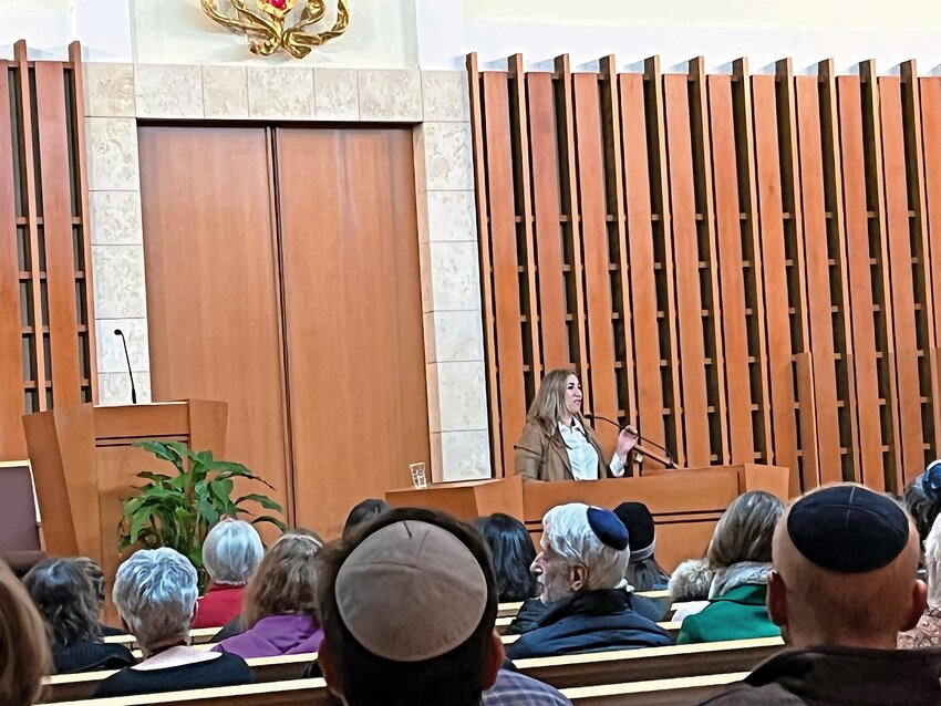 Cochav Elkayam-Levy, chair of Israel&rsquo;s Civil Commission on October 7 Crimes by Hamas Against Women and Children, speaking at Conservative Synagogue Adath Israel of Riverdale on Dec. 5. Attendees at the talk heard the stories of survivors and prayed together. A processing group session was held in the library afterward.