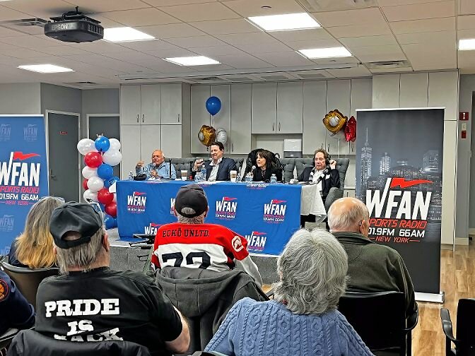 Radio broadcasters from the Yankees and the Red Sox stations joined the residents of RiverSpring Living to give a live broadcast on the upcoming baseball season.