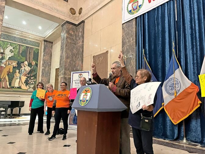 Riverdale Senior Service&rsquo;s Robert Ackerson takes the podium at the Bronx County Courthouse on April 5. Riverdale Senior Services and The Riverdale Y joined together to ensuring there are no budget cuts for senior services for older adults of the Bronx.