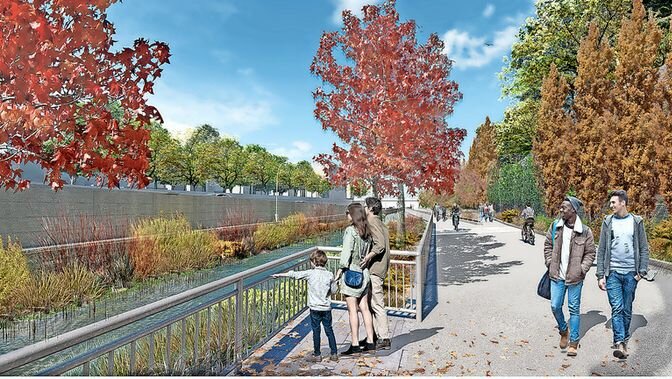 The project would do more than just bring a portion of Tibbetts Brook above ground; it would create a green space for pedestrian and cyclist use.