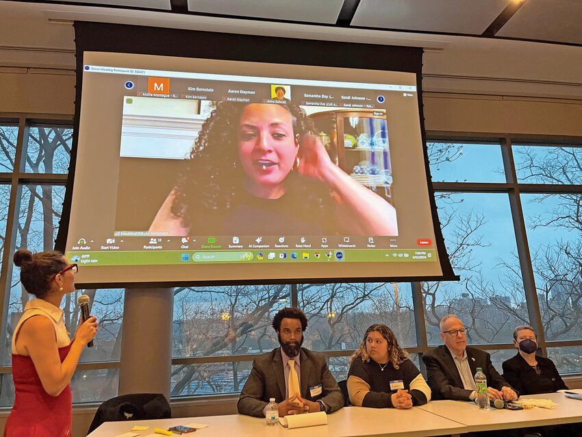 Several panelists held a town hall at Manhattan College, urging an elimination of the voluntary intoxication loophole in rape cases. From left, Acura Collective co-founder Lizzie Asher, Community for a Cause executive director Chris Lake, It&rsquo;s on Us chapter president Angelina Perez, Assemblyman Jeffrey Dinowitz, Sue Ellen Dodell of the Ruth Mullen Riverdale Huddle, and on the screen, state Sen. Nathalia Fernandez.