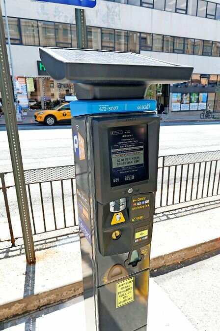 This is one of several prototypes for new pay-by-plate parking meters in Queens. New, upgraded meters are officially rolling out in parts of Manhattan on May 8 and will gradually transition to other boroughs.