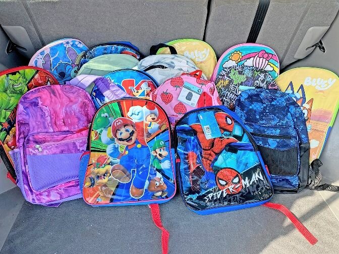 From the Bronx Burger House school supply drive: Each backpack donated contains a pencil case, notebooks, folders, markers, pencils, a sharpener, a ruler and crayons.